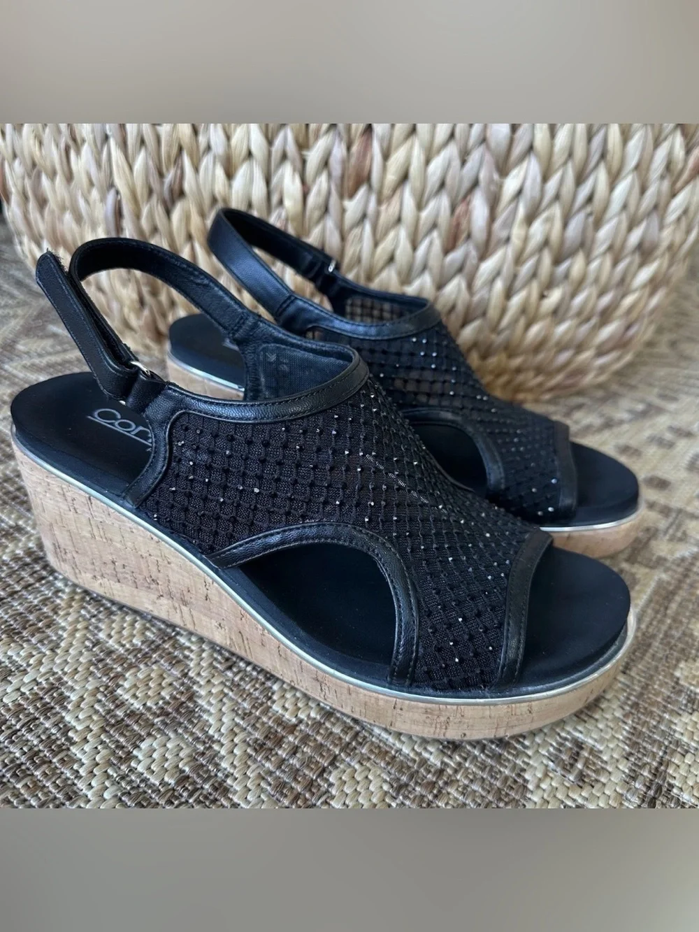 CORKYS Carley Black Sparkle Mesh Wedge Platform Sandals Sz 9 Hard to Find